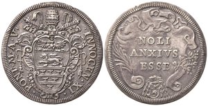 obverse: ROMA. Stato Pontificio. Innocenzo XI (1676-1689). Testone NOLI ANXIVS ESSE anno V. Ag (9,59 g). Muntoni 55. SPL