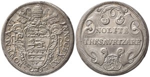 obverse: ROMA. Stato Pontificio. Innocenzo XI (1676-1689). Testone NOLITE  THESAVRIZARE senza data, anno VI. Ag (9,77 g). Muntoni 57. SPL+