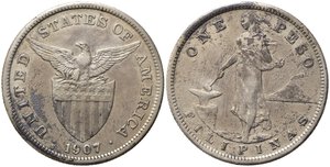 obverse: FILIPPINE. Amministrazione degi Stati Uniti. 1 Peso 1907 S. Ag. KM#172. BB