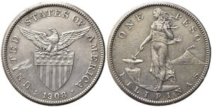 obverse: FILIPPINE. Amministrazione degi Stati Uniti. 1 Peso 1908 S. Ag. KM#172. BB