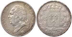 obverse: FRANCIA. Luigi XVIII (1815-1824). 5 Francs 1824 A. Ag. KM#711.1. BB