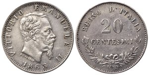 obverse: Vittorio Emanuele II (1861-1878). 20 centesimi 1863 M. Milano. Ag. Gig.84. qSPL