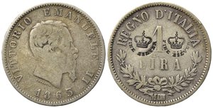 obverse: SAVOIA. Vittorio Emanuele II. 1 lira 1863 M. Ag. Punzonature coeve. MB
