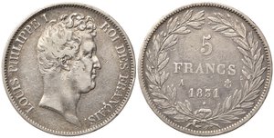 obverse: FRANCIA. Louis Philippe I (1830-1848). 5 Francs 1831 A. Ag. KM#735.1. qBB