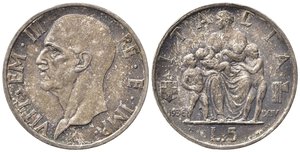 obverse: Vittorio Emanuele III (1900-1943). 5 lire 1936. Gig. 83. Patinata. qFDC