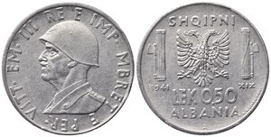 obverse: Vittorio Emanuele III (1900-1943). ALBANIA. 0,50 lek 1941 XIX. Gig.11 qSPL/SPL