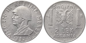 obverse: Vittorio Emanuele III (1900-1943). ALBANIA. 2 lek 1939 XVIII 