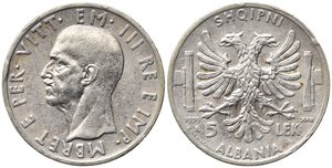 obverse: Vittorio Emanuele III (1900-1943). ALBANIA. 5 lek 1939 XVII. Ag. Gig.2. Lieve colpo al bordo. SPL/SPL+
