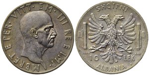 obverse: Vittorio Emanuele III (1900-1943). ALBANIA. 10 lek 1939 XVII. Ag. Gig.1 SPL/SPL+
