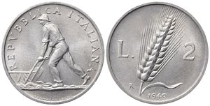 obverse: REPUBBLICA ITALIANA. 2 lire 1949 