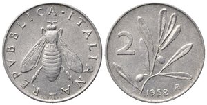 obverse: REPUBBLICA ITALIANA. 2 lire 1958 