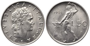 obverse: REPUBBLICA ITALIANA. 50 lire 1954 