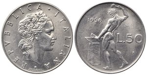 obverse: REPUBBLICA ITALIANA. 50 lire 1956 