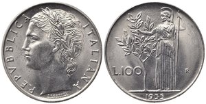 obverse: REPUBBLICA ITALIANA. 100 lire 1955 