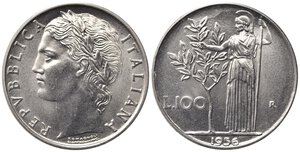 obverse: REPUBBLICA ITALIANA. 100 lire 1956 