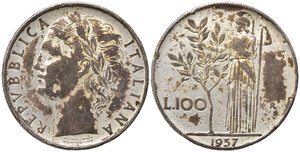 obverse: REPUBBLICA ITALIANA. 100 Lire 1957 