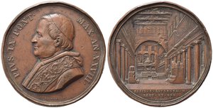 obverse: ROMA. Pio IX (1846-1878). Medaglia anno XXVIII. Restauro della Basilica di San Lorenzo. AE (36,28 g - 43,5 mm). Colpi al bordo. BB