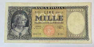 obverse: REPUBBLICA ITALIANA. Biglietti di banca. 1.000 lire 