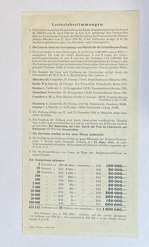 reverse: GERMANIA. Terzo Reich. Biglietto della lotteria 22-23 dicembre 1936. 1.600.000 ReichsMark. qFDS