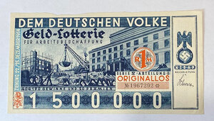 obverse: GERMANIA. Terzo Reich. Biglietto della lotteria 22-23 dicembre 1934. 1.500.000 ReichsMark. SPL+