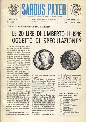 obverse:  AA.VV. Sardus Pater N. 1 Settembre-Ottobre, 1982.  pp. 34, tavv e ill. nel testo. ril ed sciupata interno buono stato.