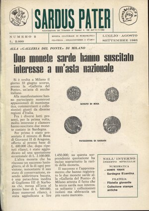 obverse: AA.VV. - Sardus Pater. N. 2 Luglio\Settembre, 1983.  pp. 24, tavv e ill. nel testo ril ed sciupata interno buono stato.