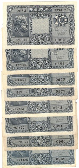 obverse: Cartamoneta. Luogotenenza. 10 Lire testa di Giove. Lotto di 8 Pezzi. 23-1-1944. 