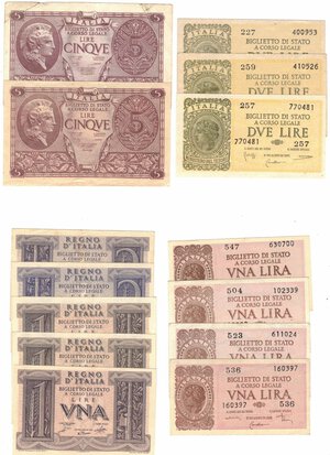 obverse: Cartamoneta. Luogotenenza. 5, 2, 1 Lira 1944. Lotto di 14 pezzi. 