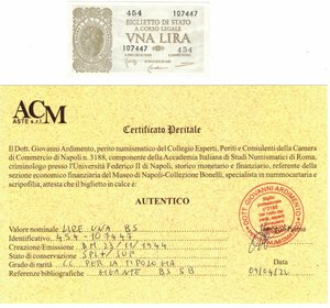 obverse: Cartamoneta. Luogotenenza. 1 Lira Italia Laureata. 23-11-1944.