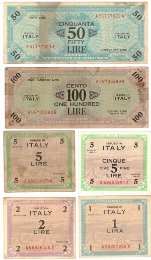 obverse: Cartamoneta. Occupazione Americana. 100, 50, 2 pz da 5, 2, 1 Am Lire. Lotto di 6 pezzi. 1943. 
