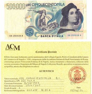 obverse: Cartamoneta. Repubblica Italiana. 500.000 Lire Raffaello. Dec.Min. 13-05-1997. 