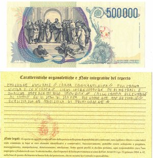 reverse: Cartamoneta. Repubblica Italiana. 500.000 Lire Raffaello. Dec.Min. 13-05-1997. 
