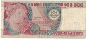 obverse: Cartamoneta. Repubblica Italiana. 100.000 Lire Botticelli. 20-06-78. Gig. BI83A. 
