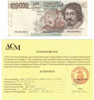 obverse: Cartamoneta. Repubblica Italiana. 100.000 Lire Caravaggio. 1° Tipo. 1985. 