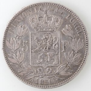 reverse: Belgio. Leopoldo I. 1831-1865. 5 franchi 1850. Ag. K