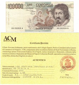 obverse: Cartamoneta. Repubblica Italiana. 100.000 Lire Caravaggio. 1° Tipo. Serie Sostitutiva XD..A. 1990. Gig. BI84Da. 