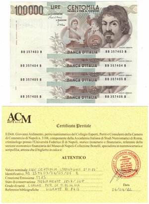 obverse: Cartamoneta. Repubblica Italiana. 100.000 Lire Caravaggio. 1° Tipo. 1985. Serie Consecutiva di 4 Pezzi. Gig. BI84B. 
