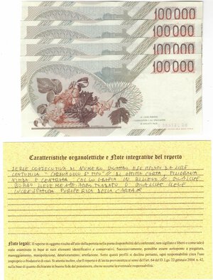 reverse: Cartamoneta. Repubblica Italiana. 100.000 Lire Caravaggio. 1° Tipo. 1985. Serie Consecutiva di 4 Pezzi. Gig. BI84B. 