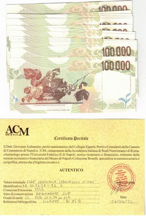 reverse: Cartamoneta. Repubblica Italiana. 100.000 Lire Caravaggio. 2° Tipo. 1995. Serie Consecutiva di 15 Pezzi. Gig. BI85B. 
