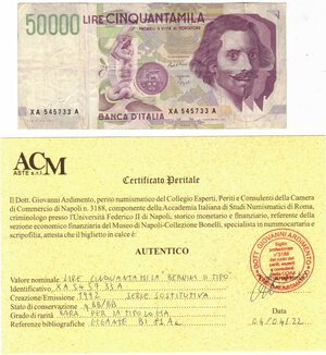 obverse: Cartamoneta. Repubblica Italiana. 50.000 Lire Bernini. 2°Tipo. Serie Sostitutiva XA..A. 1992. Gig. BI81Aa. 