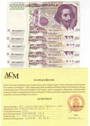 obverse: Cartamoneta. Repubblica Italiana. 50.000 Lire Bernini. 2°Tipo. 1992. Lotto di 5 pezzi di serie consecutiva. Gig. BI81B. 
