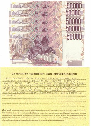 reverse: Cartamoneta. Repubblica Italiana. 50.000 Lire Bernini. 2°Tipo. 1992. Lotto di 5 pezzi di serie consecutiva. Gig. BI81B. 