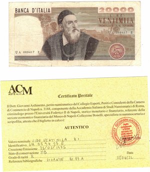 obverse: Cartamoneta. Repubblica Italiana. 20.000 Lire Tiziano. Dec.Min. 21-02-1975. Gig.BI77A.
