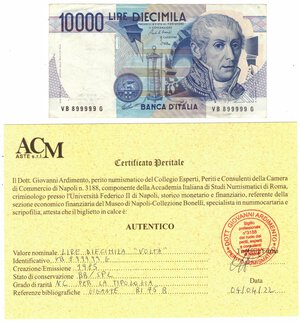obverse: Cartamoneta. Repubblica Italiana. 10.000 Lire A.Volta. 1985. Gig.BI76B. Serie VB899999G. 5/6 Numeri Uguali. 