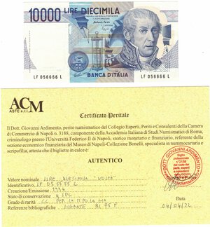 obverse: Cartamoneta. Repubblica Italiana. 10.000 Lire A.Volta. 1994. Serie con 4 numeri uguali e consecutivi. Gig. BI76F. 