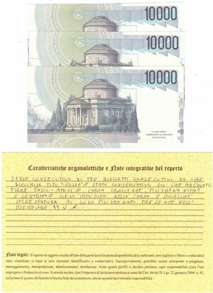 reverse: Cartamoneta. Repubblica Italiana. 10.000 Lire A.Volta. 1997. Gig. BI76H. Serie consecutive di 3 Pezzi. 