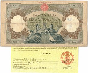 obverse: Cartamoneta. Repubblica Italiana. 5.000 Lire Regine del Mare. Dec. Min. 13-08-56. 
