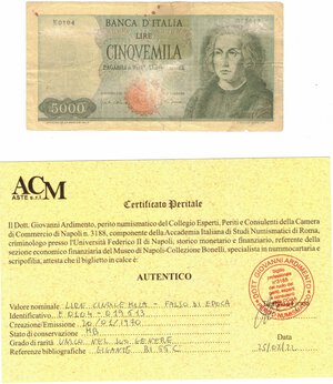 obverse: Cartamoneta. Repubblica Italiana. 5.000 Lire Colombo. Falso d Epoca. 20-01-1970. 