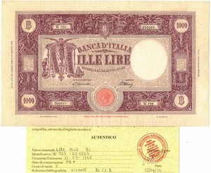 obverse: Cartamoneta. Repubblica Italiana. 1.000 Lire Grande M, (BI). Decreto 22-07-1946. 