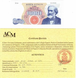 obverse: Cartamoneta. Repubblica Italiana. 1.000 Lire Giuseppe Verdi. 1° Tipo. 14-07-1962. Gig. BI55A. 